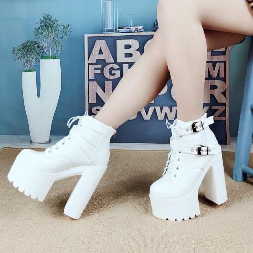 Winter Womens Boots Square Heel Ankle Boots Lace-Up Plus Velvet Martin Boots Korean Muffin Thick-Soled Short Boots High Heels