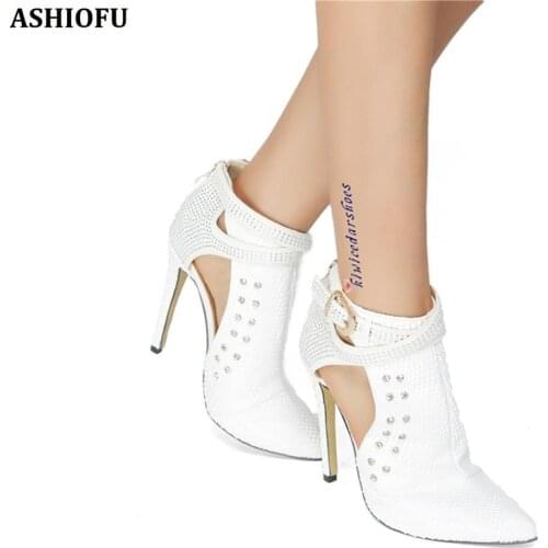ASHIOFU Handmade Womens High Heel Pumps Rhinstones Wedding Party Prom Dress Shoes Buckle Strap Fashion Evening Court Shoes