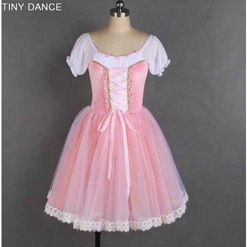 Puff Sleeve Pale Pink Ballet Dance Tutu Stretch Velvet Bodice with Romantic Length Tutu Skirt Ballerina Dress Costume B20019