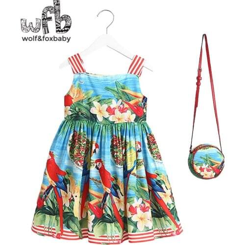 Retail 2-8 years sleeveless girl holiday seaside wind print dress + color bag children summer