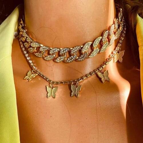 Double Layer Butterfly Pendant Necklace Female Shiny Crystal Clavicle Chain Necklace for Women Fashion Jewelry Party Gift