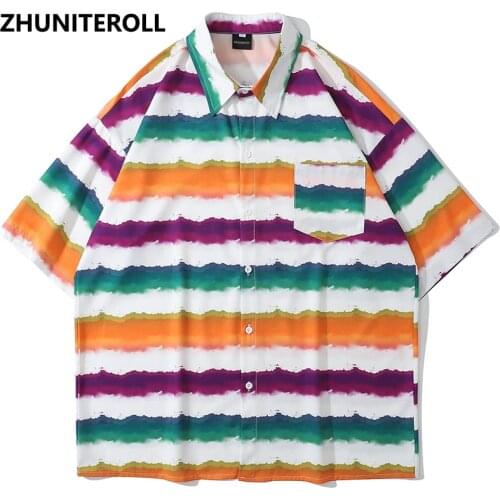 2021 Pocket Hawaiian Blouse Hip Hop Streetwear Striped Print Short Sleeve Vintage Shirts Fashion Casual Harajuku Men Summer Tops