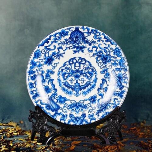 Exquisite Blue and White Custom Decorative Ceramic Art Decorative Plate with Rack for home decoration