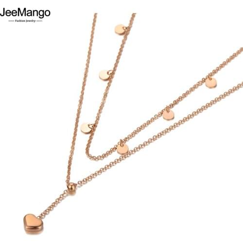 JeeMango Original Design Double Layer Heart Charm Pendant Necklaces For Women Fashion Stainless Steel Choker Necklace JN20155