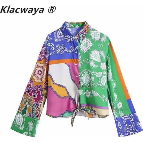 Klacwaya Women Vintage Cloth Patchwork Printing Casual Smock Blouse Ladies Hem Bowknot Kimono Shirts Chic Retro Blusas Tops
