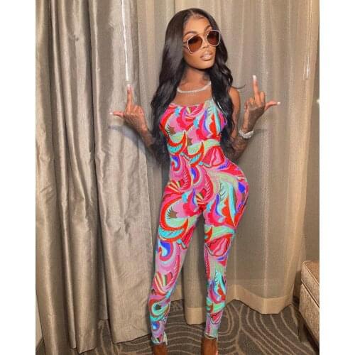 2021 New Arrival Fashion Design Jumpsuits Print Spaghetti Strap Summer Sexy Club Bodycon Rompers