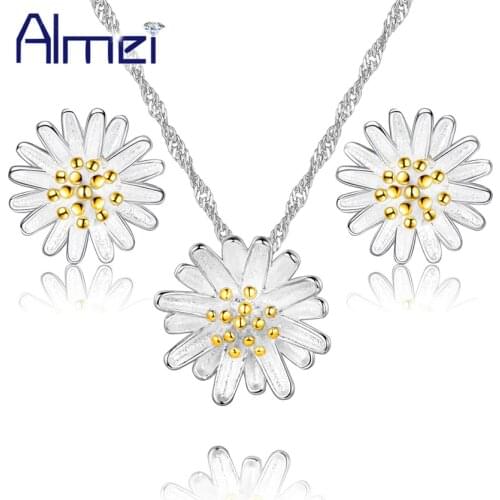 Almei Dubai Flower Jewelry Set for Women Kids Silver Color Daisy Pendant Necklace Earrings Costume Sets Cute Accessories DML01