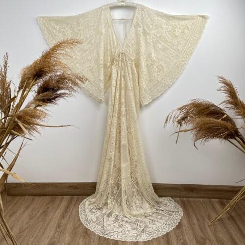 Boho Lace Photo Shoot Costume Maxi Long Bell Sleeves Maternity Dress Pregnancy Gown Robe for Woman Photography Props Baby Shower