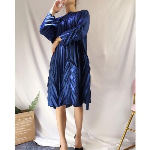 HOT SELLING Miyake fashion fold solid wrist sleeve slash neck Glossy fabric A-Line dress IN STOCK