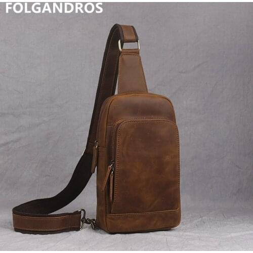 Mens Brand Natural Leather Chest Bag Handmade Travel Sling Shoulder Crossbody Bag Vintage Chest Pack For Teenager