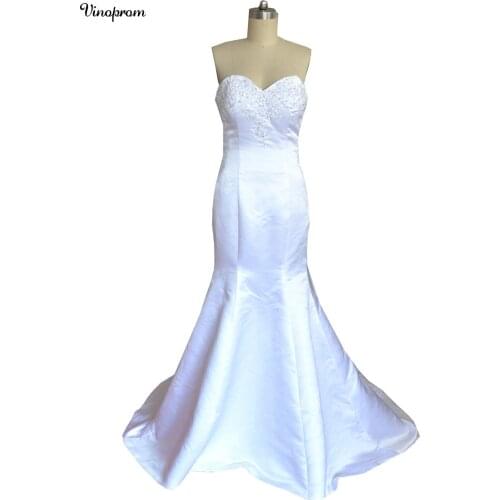 Cheap Vintage Summer Beach Lace Wedding Dresses Strapless Mermaid Satin Bridal Gowns Cheap Long Sweep Train Wedding Gowns