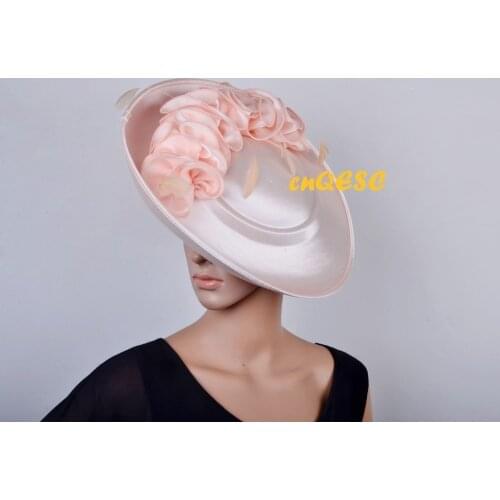 Wholesale NEW design Nude pink Large saucer Hatinator Satin fascinator Kentucky Derby hat Fedora with feathers for wedding churc