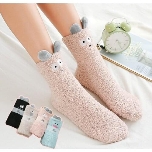 Autumn winter new female socks Japanese cartoon little monster embroidered floor socks coral fleece warm sleeping women socks