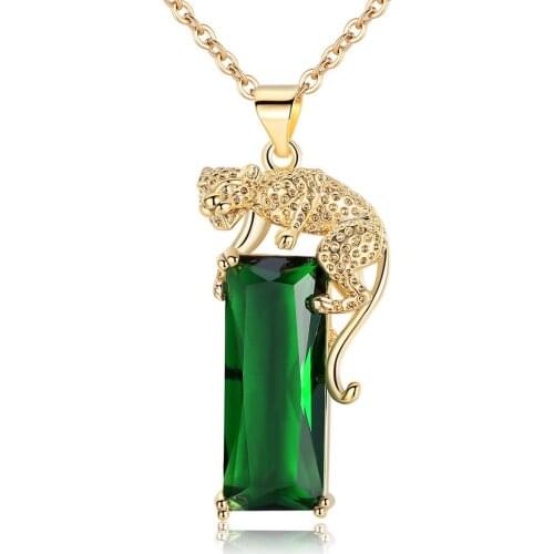 Leopard Pendant Chain Yellow Gold Filled Fashion Animal With Geometry Green Zirconia Gift