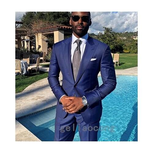 Navy Blue Peak Lapel Men Suit Casual Blazer costume homme Wedding Tuxedo Custom Made Slim Fit Prom men Suit 2pcs (jacket+pants)