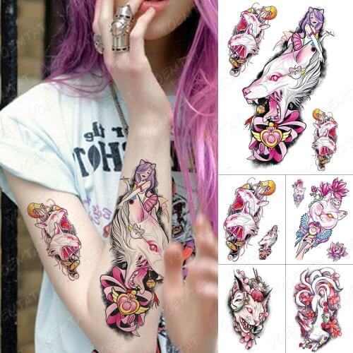 Waterproof Temporary Tattoo Sticker Japanese Pink Anime Cat Sailor Moon Flash Tattoos Fox mask Body Art Arm Fake Tatoo Women Men