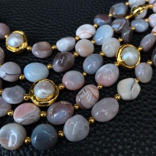Y·YING 5 Rows Natural Pink Persia Agate Irregular Shape White Cultured Pearl Beaded Bracelet vintage style for women