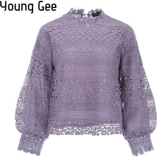 Young Gee Lace Blouses Hollow Out Shirt Women Elegant Floral Crochet Lantern Sleeve Tops Vintage High Quality blusa feminina