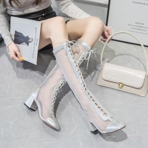 Koovan Womens Boots 2019 New Hollow Boots Sexy Strap Slender High Heels Cool Boots Pointy Net Cloth Womens Shoes Lace