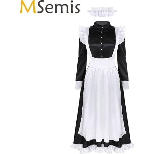 Womens Female Maid Cosplay Costume Outfit Halloween Clubwear Female Front Button Down Fancy Dress with Apron and Headpiece