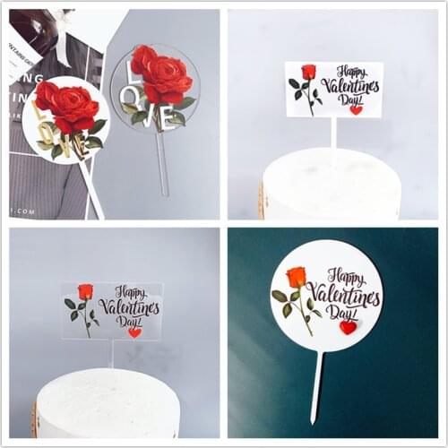 3D Rose Love Acrylic Wedding Cake Topper Valentines Day Wedding Party Cake Flags Decorates DIY Wedding Dessert Cake Decoration