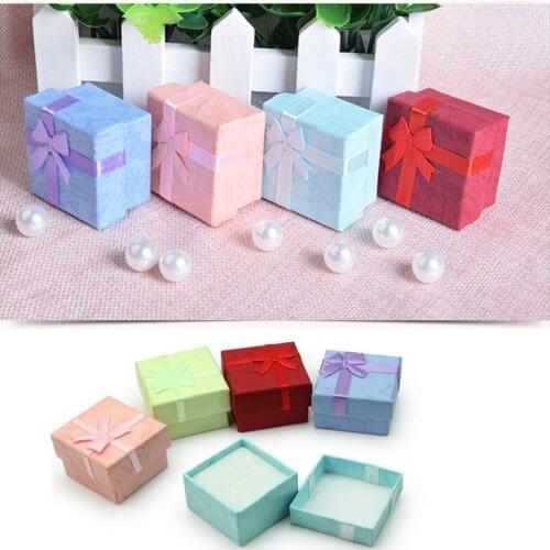 5Pcs 4*4*2.5cm Ring Earring Jewelry Display Gift Box Bowknot Square Case Sky blue, Pink, Red, Purple New
