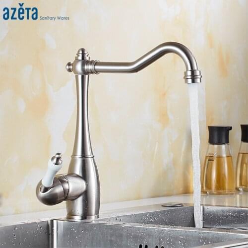 Azeta Kitchen Faucet Brushed Nickel Brass Kitchen Water Tap Deck Mounted Sink Tap Kitchen 360 Rotation Kitchen Mixer AT9208BN