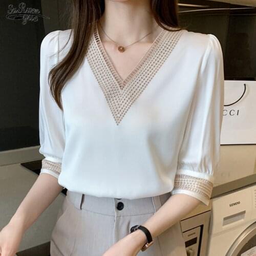 Short Sleeve White Blouse Tops Blouse Women Women Blouses Blusas Mujer De Moda 2021 Embroidery V-Neck Chiffon Blouse Shirt 13367