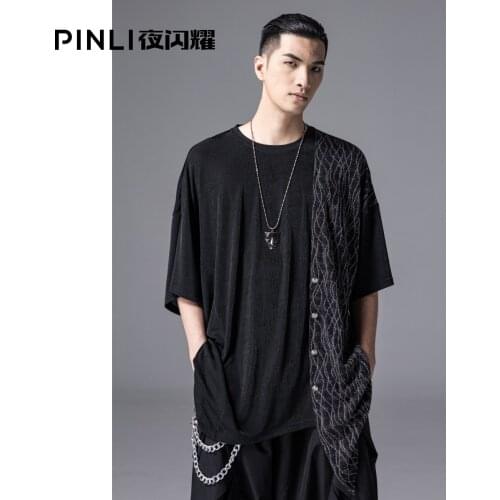 Free shipping New Mens Male irregular design stitching nightclub loose half-sleeved short-sleeved jacquard T-shirt BY211111069
