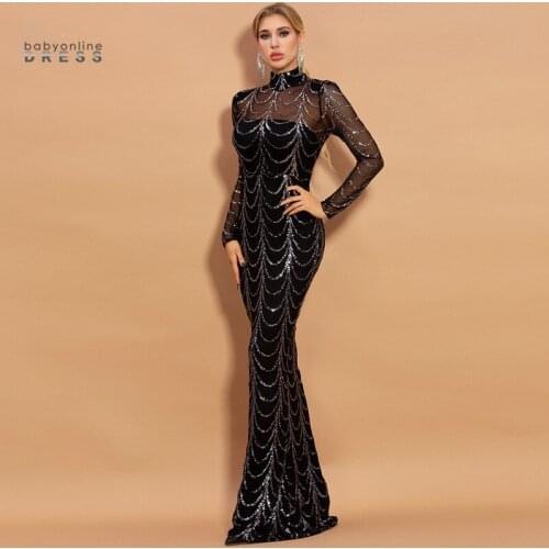 Sequins Long Evening Dress Robe de Soiree Sexy Illusion Long Sleeves Evening Prom Gowns High Neck White Black Dress Vestido