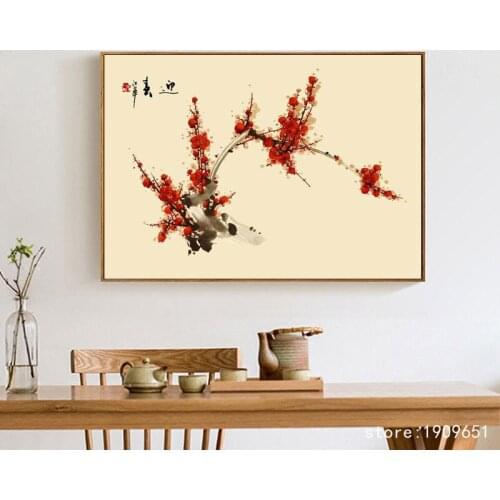 No frame Chinese style red plum blossom canvas printings oil painting printed on cotton home wall art decoration pictures