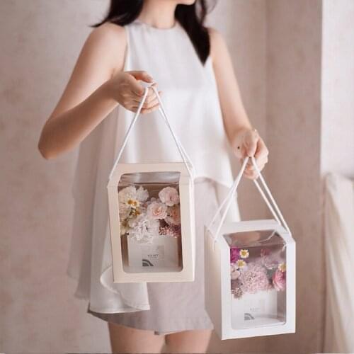 1pc Flower Packing Paper Box Clear Window Transparent Square Shape With Handle Portable Gift Packaging Bag Party Wedding Decora