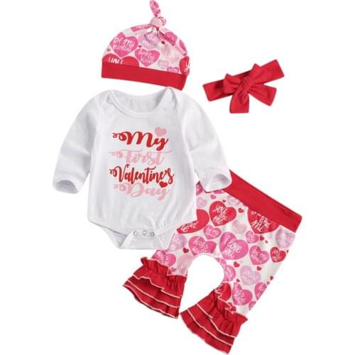 2020 New Valentines Day 0-12M Baby Girl 4Pcs Set Outfit Letter Print Long Sleeve Top+Multi Flared Heart Print Trousers+Bow+Hat