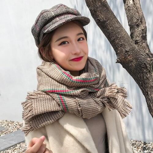 Korean Version Thickened British Classic Thousand Bird Plaid Scarf Fashion Scarf Female Autumn Winter Student Dual Purpose Scarf