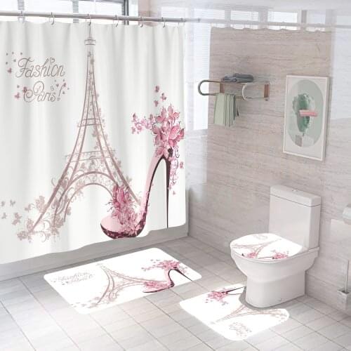 Beautiful High Heels Bathroom Set Paris Eiffel Tower Shower Curtain Non Slip Rug Toilet Cover Floor Mat Bath Carpet