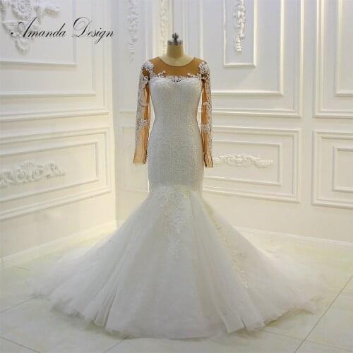 Amanda Design New Arrival Lace Applique Beading Mermaid Wedding Dress Long Sleeve