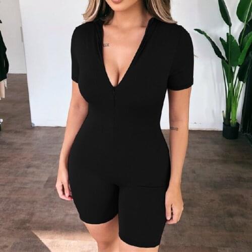 Summer Sexy Zipper Deep V-Neck Short Sleeve Playsuit Solid Color Casual Slim Stretch Jogger Fitness Wild Bodycon Rompers