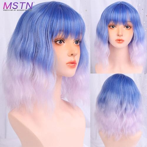 MSTN Short Wavy Bob Wig With Bangs for Women Synthetic Bob Wigs Pink Purple Cosplay Wig for Party Daily Use