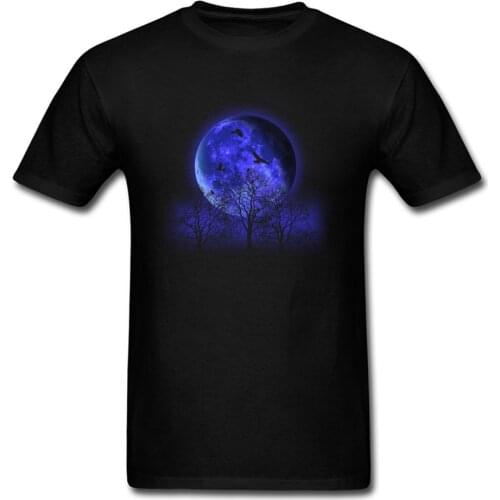 Secret Gathering New Blue Moon Print Men Black Tee Shirt Short Sleeve Cartoon Forest Raven Halloween Top T-shirt Cool