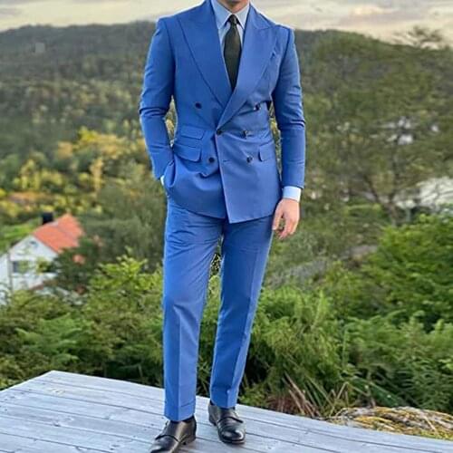 Spring/Autumn Blue Smoking Business Suits For Mens Blazers Double Breasted Jacket With Pants 2 Pieces Set Tuxedos Slim Fit 2021