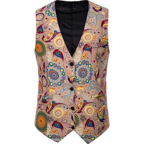New Fashion National Style Casual Men Printed Suit Vest Prom Party Dress Vest Casual Wedding Waistcoat