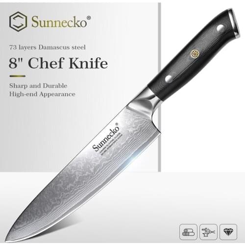 SUNNECKO 8" inch Chef Knife Japanese VG10 73 Layers Damascus Steel Blade Kitchen Knives G10 Handle Meat Vegetable Cutting Tool
