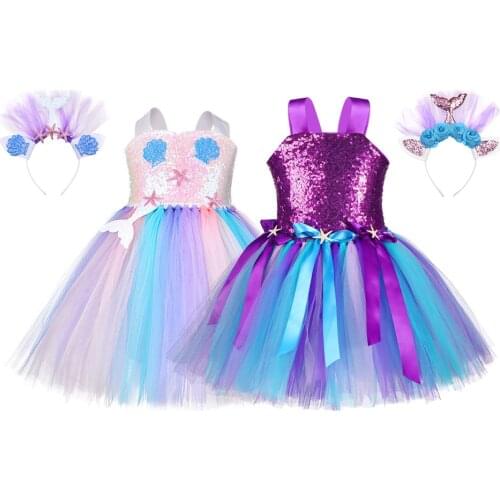 Pastel Sequins Girls Mermaid Tutu Dress Starfish Shell Under The Sea Princess Dress Costume Kids Halloween Birthday Party Dress