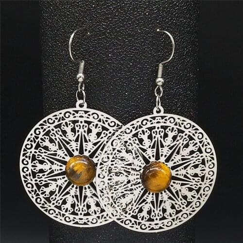 Bohemian Flower of Life Stainless Steel Natural Stone Earrings Women Silver Color Round Drop Earrings Jewelry bizuteria EXS04