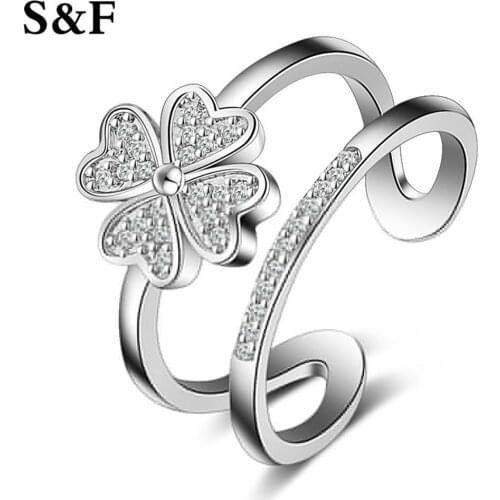 Special Design Four Leaf Clovers Double Finger Party Rings for Women Opening Adjust Sliver Color AAA Cubic Zirconia Jewelry 2017
