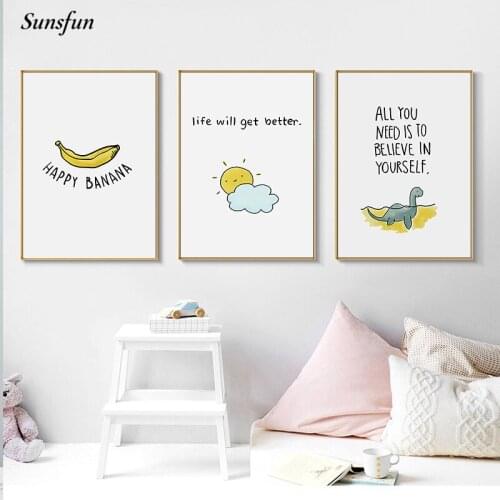 Sunsfun Yellow Balloon Ladder Stars Dinosaur Cartoon Child Poster Nordic Art Canvas Print Wall Painting Kids Room Decor Picture
