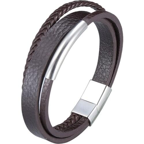 Vintage Leather Bracelets Men Brown Multilayer Braided Rope Bangles Stainless Steel Magnetic Clasp Wristband Male Jewelry PD1005