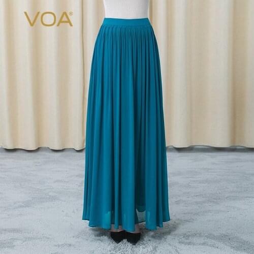 VOA Silk Georgette Blue Three-dimensional Fold Invisible Side Pull Refreshing A Version Half-length Woman Skirts Summer CE93