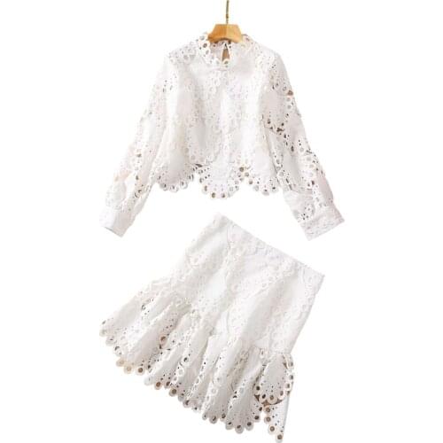 High Quality New Arrivals Women Clothing Hollow Out White Crochet Blouses And Skirt Set