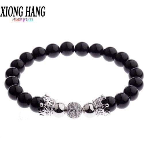 XiongHang Trendy Black Stone Beads Bracelet Natural Beads Hematite Bracelet Hot CZ Ball And Tow Lmperial Crown Beads Bracelet
